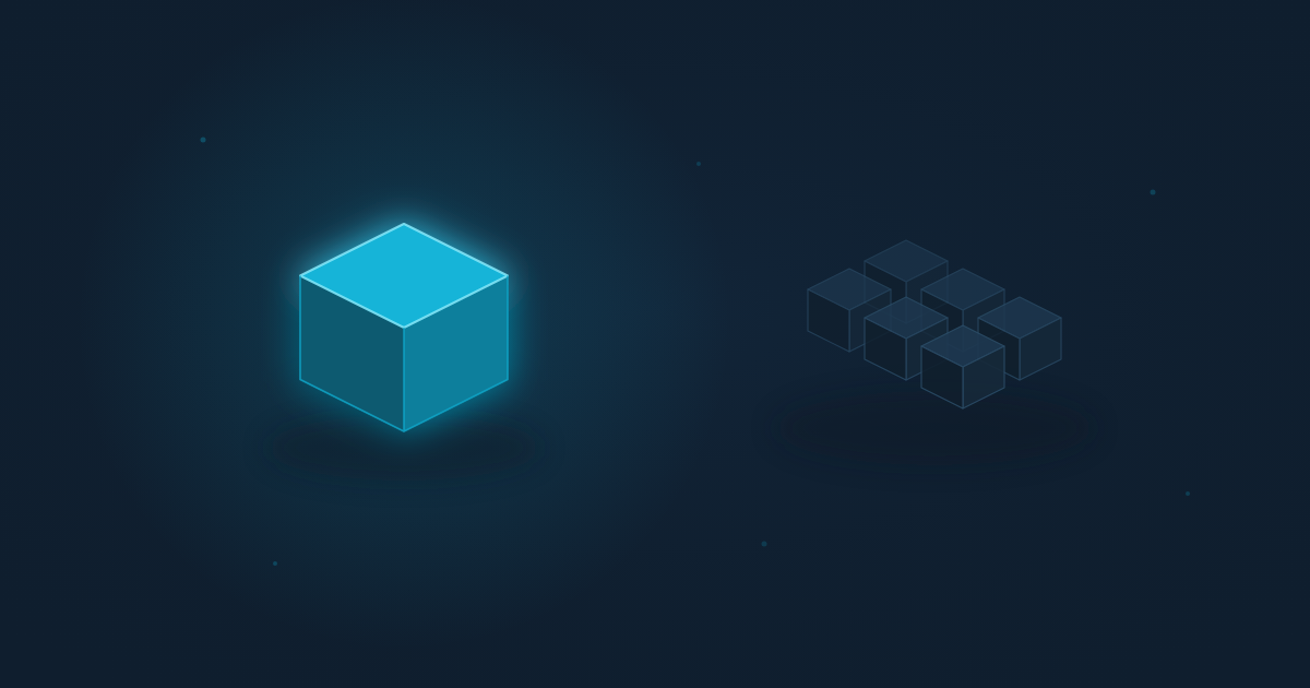Un cube cyan isolé faisant face à un groupe de six cubes plus petits et sombres